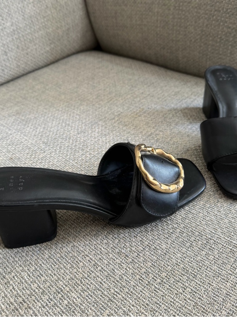 A New Day- Black Slide Heeled Sandals with Gold Buckle - Picture 5 of 8